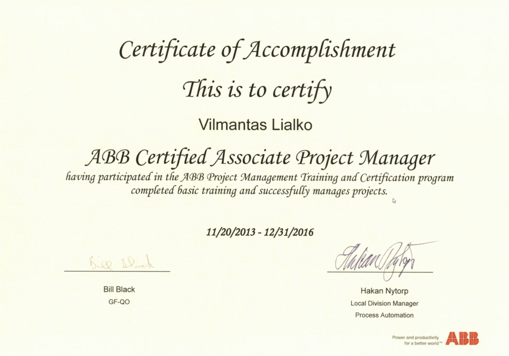 Vilmantas Lialko ABB Certified Associate Project Manager